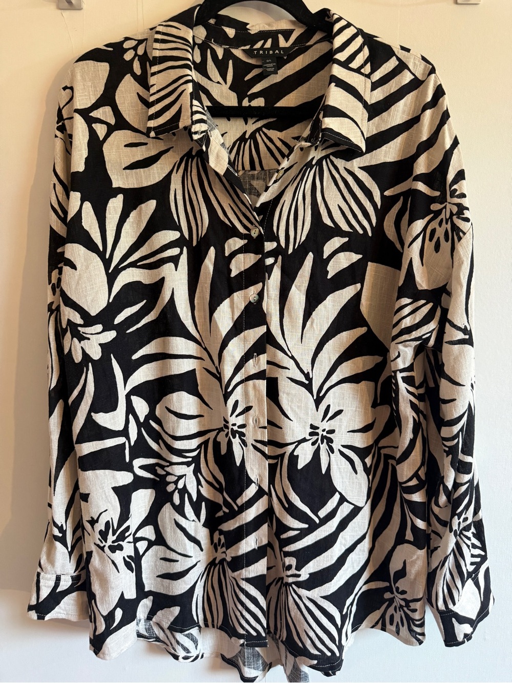 Tribal L Black Beige Tropical Floral Linen Blend Button Down Shirt Resort